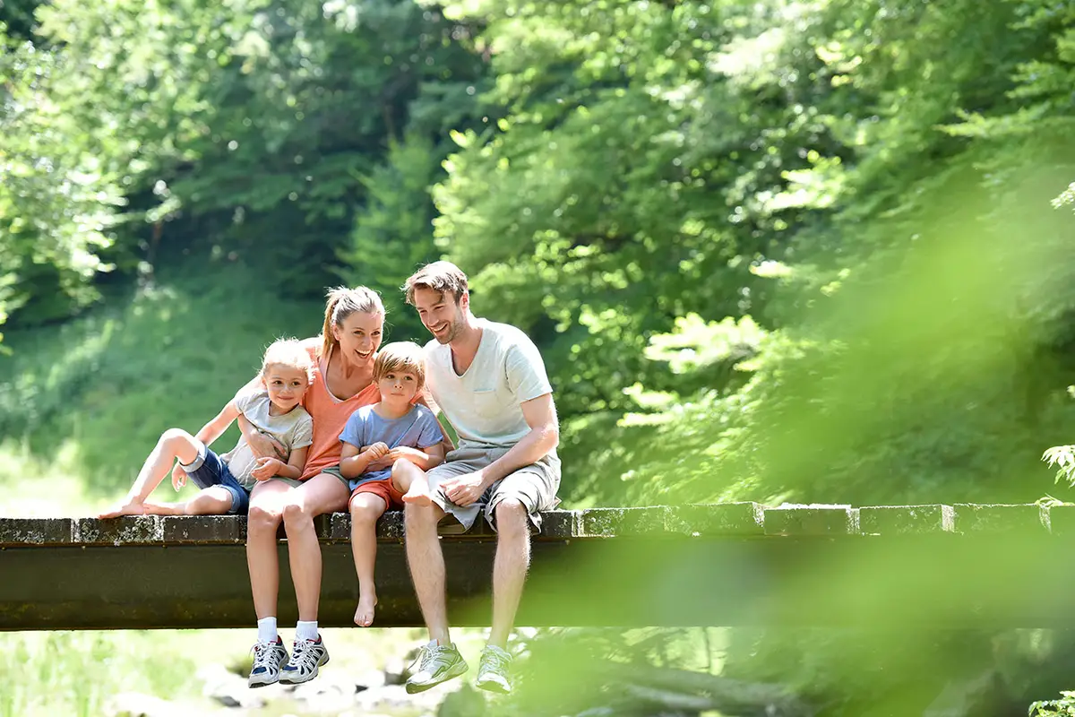 famiglia seduta in un bosco mentre osserva gli alberi